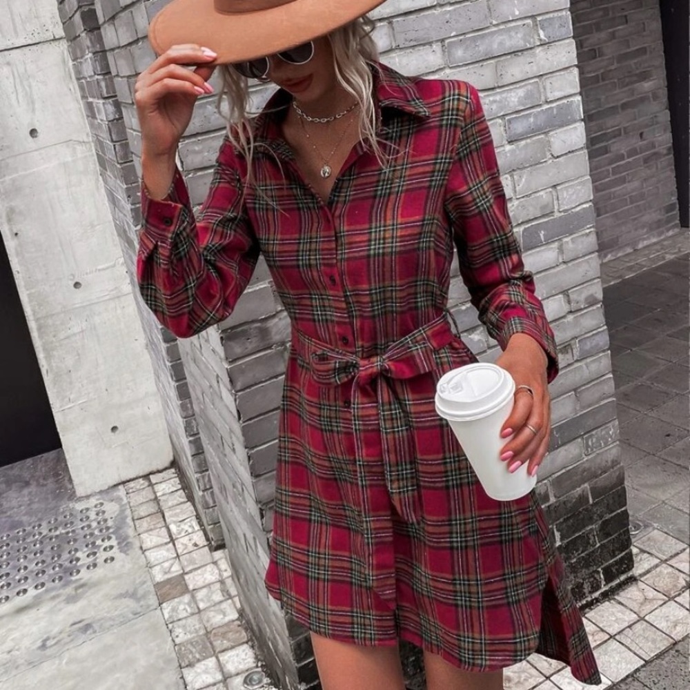 Plaid Button-Up Long Sleeve Shirt Dress